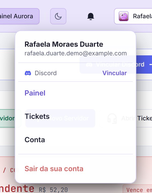 Menu do usuário aberto com nome, e-mail, Discord e atalhos