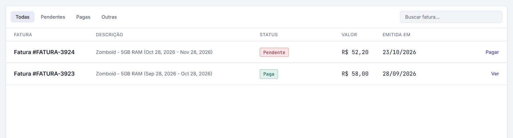Tabela de faturas com abas de filtro e coluna de status