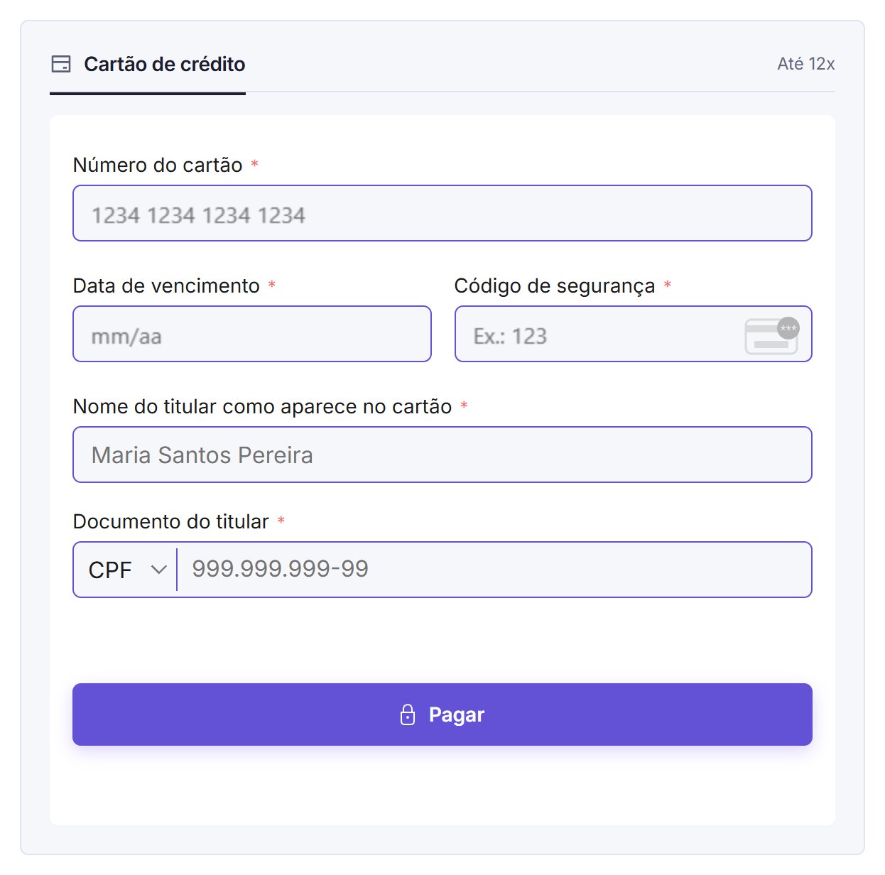 Formulário de pagamento com cartão de crédito