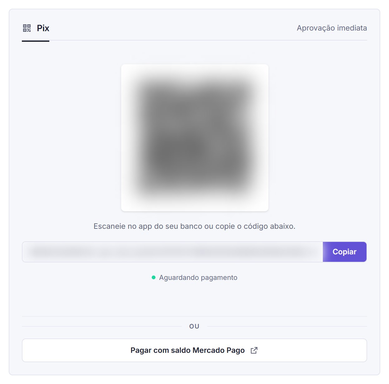 Painel de pagamento por Pix com QR Code e código copia e cola