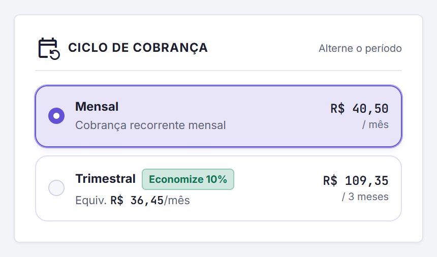 Seletor de ciclo de cobrança com opções Mensal e Trimestral