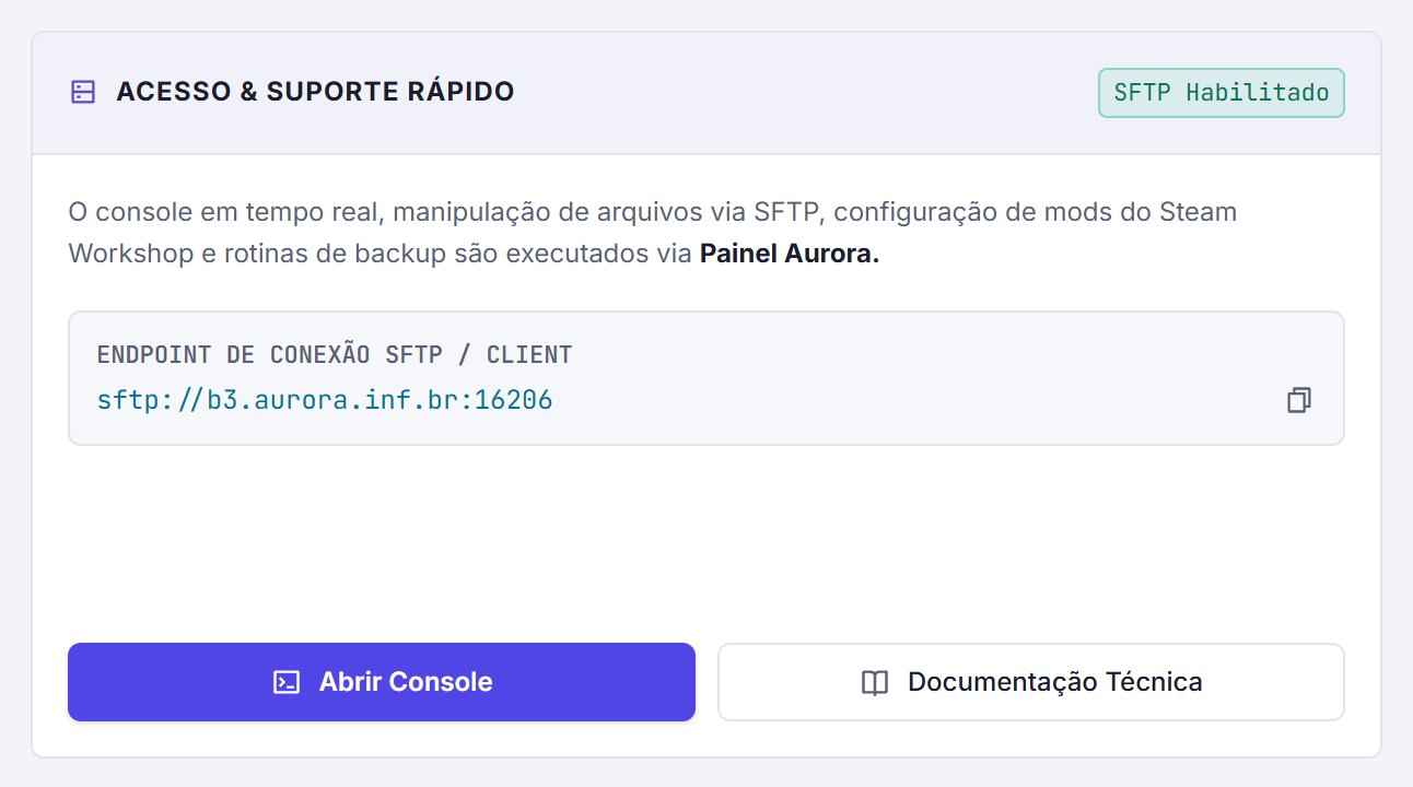 Cartão de acesso rápido com endpoint SFTP e botões Abrir Console e Documentação Técnica