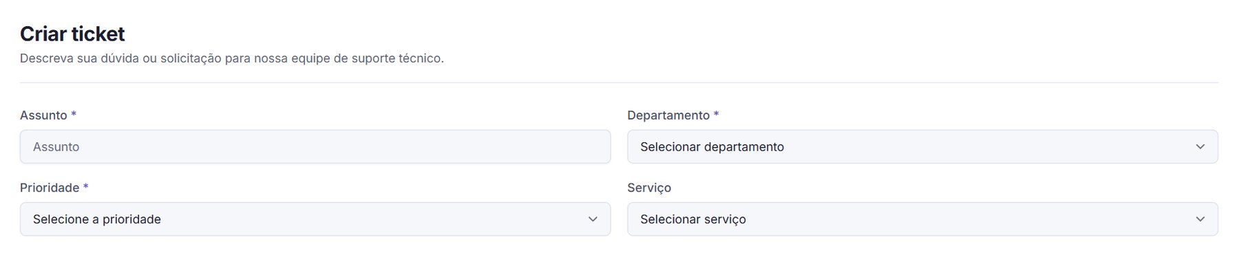 Formulário de ticket com assunto, departamento, prioridade e serviço