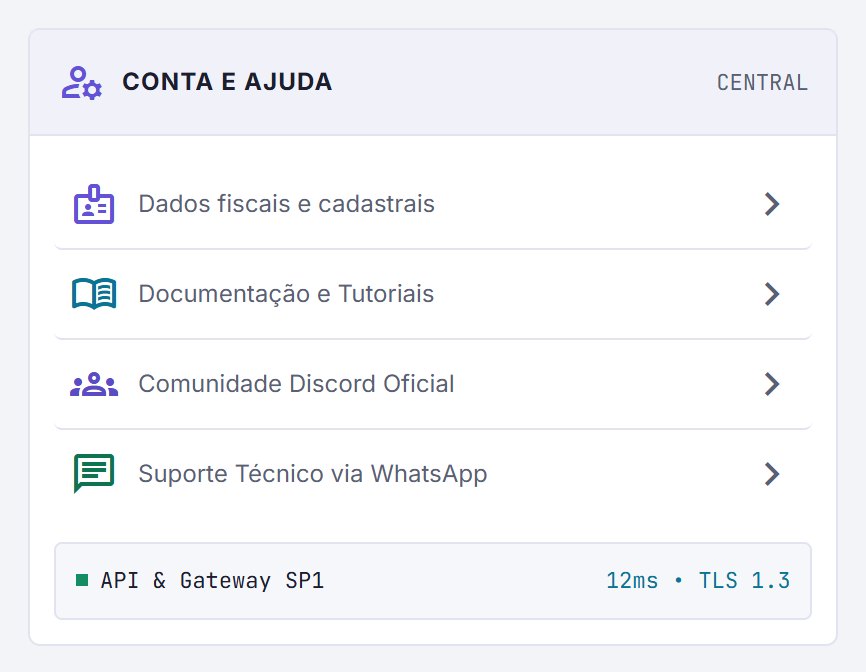 Cartão Conta e Ajuda com quatro atalhos e status da API