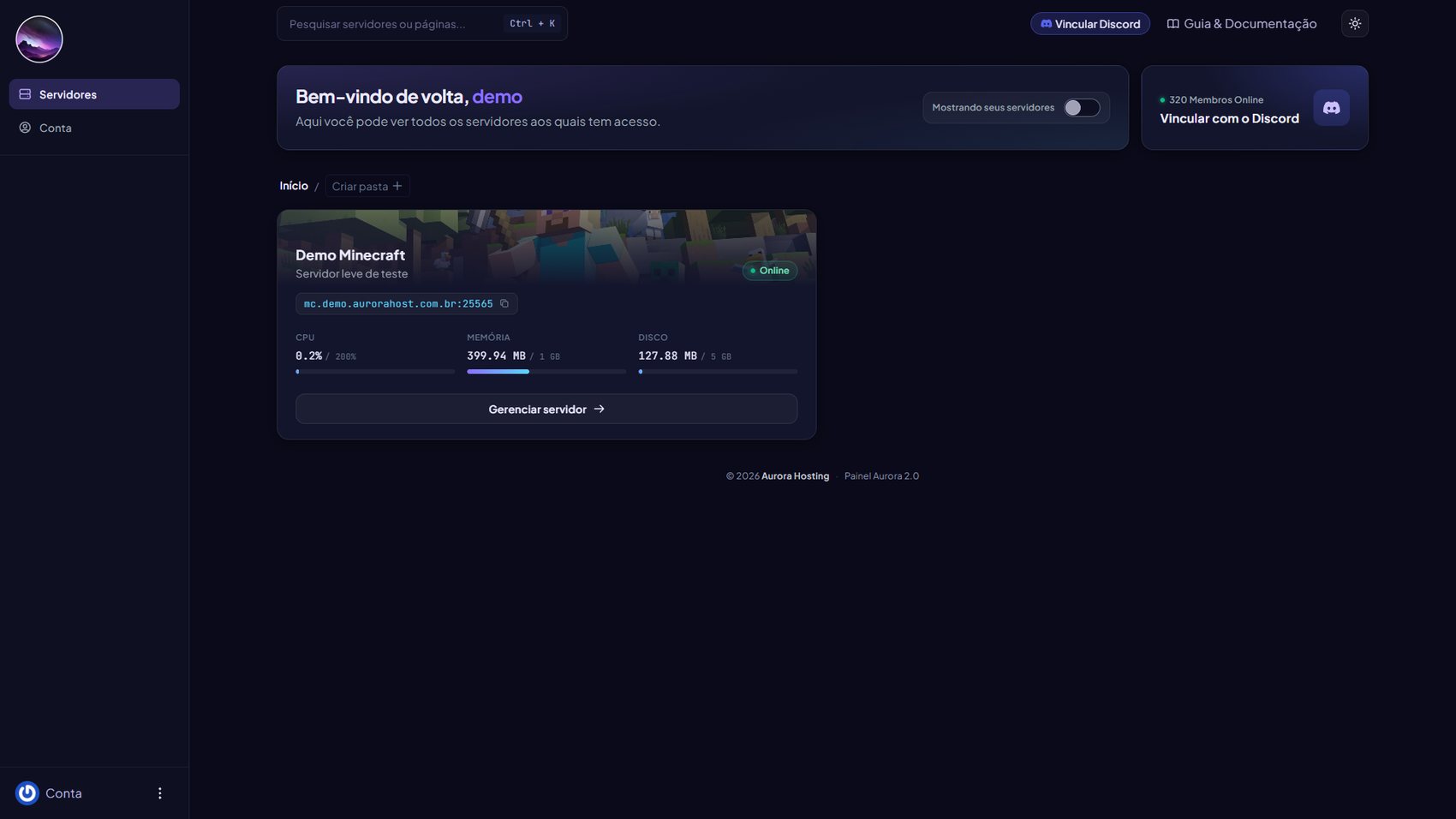 Dashboard do painel com a lista de servidores