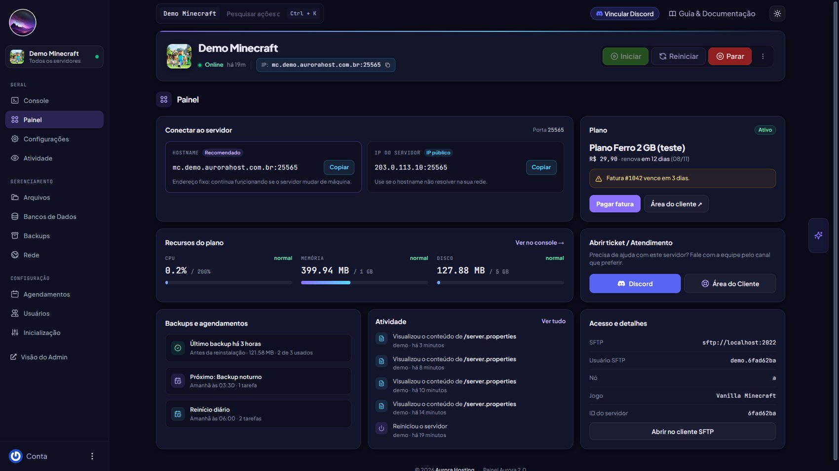 Visão geral de um servidor com conexão, plano, recursos, backups e atividade