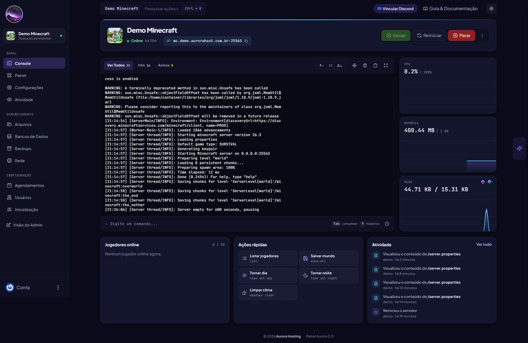 Tela do console com log, métricas e ações rápidas
