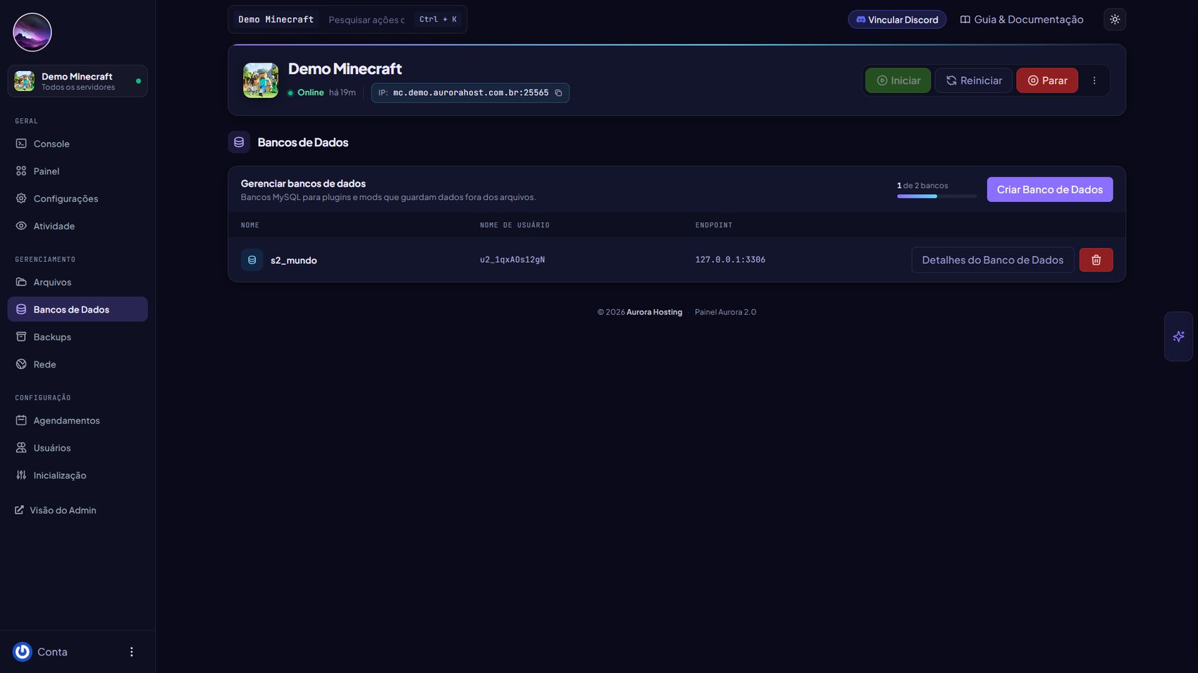 Lista de bancos de dados com a cota 1 de 2 bancos