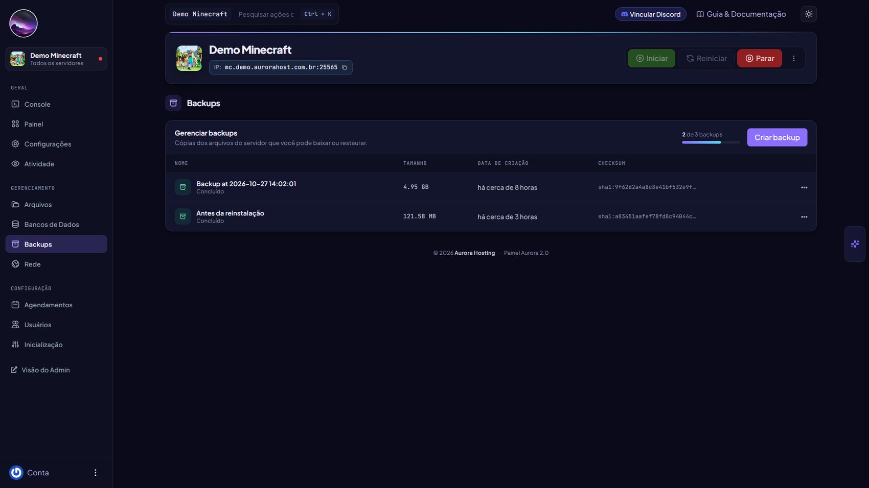 Lista de backups com a cota 2 de 3 backups