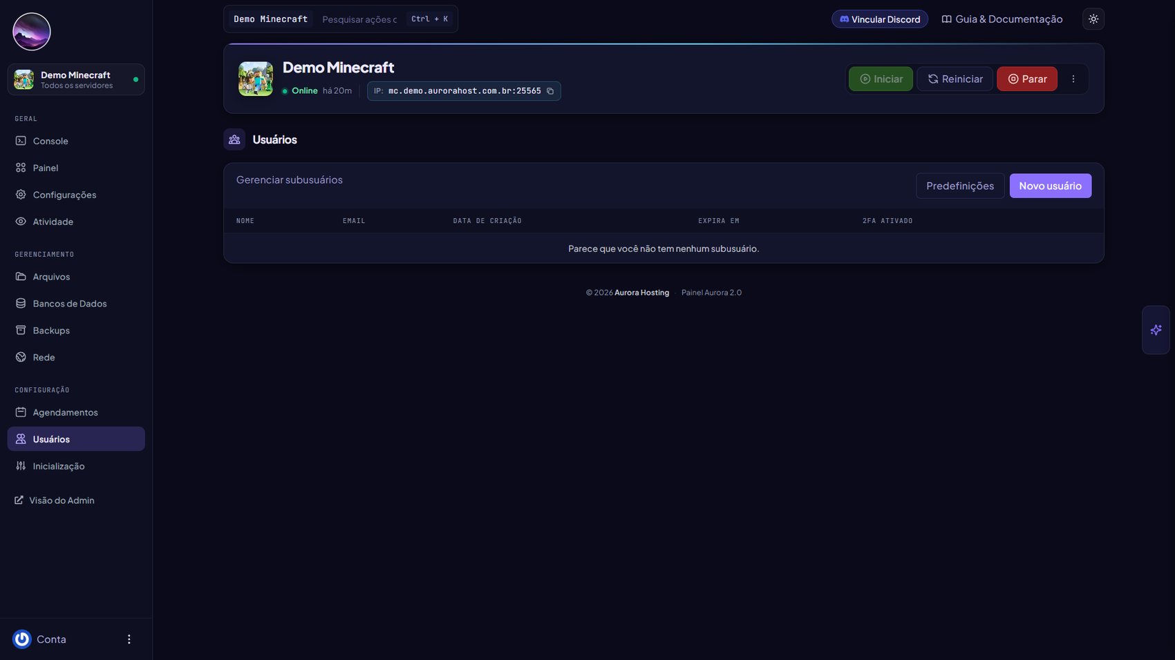 Lista de subusuários vazia