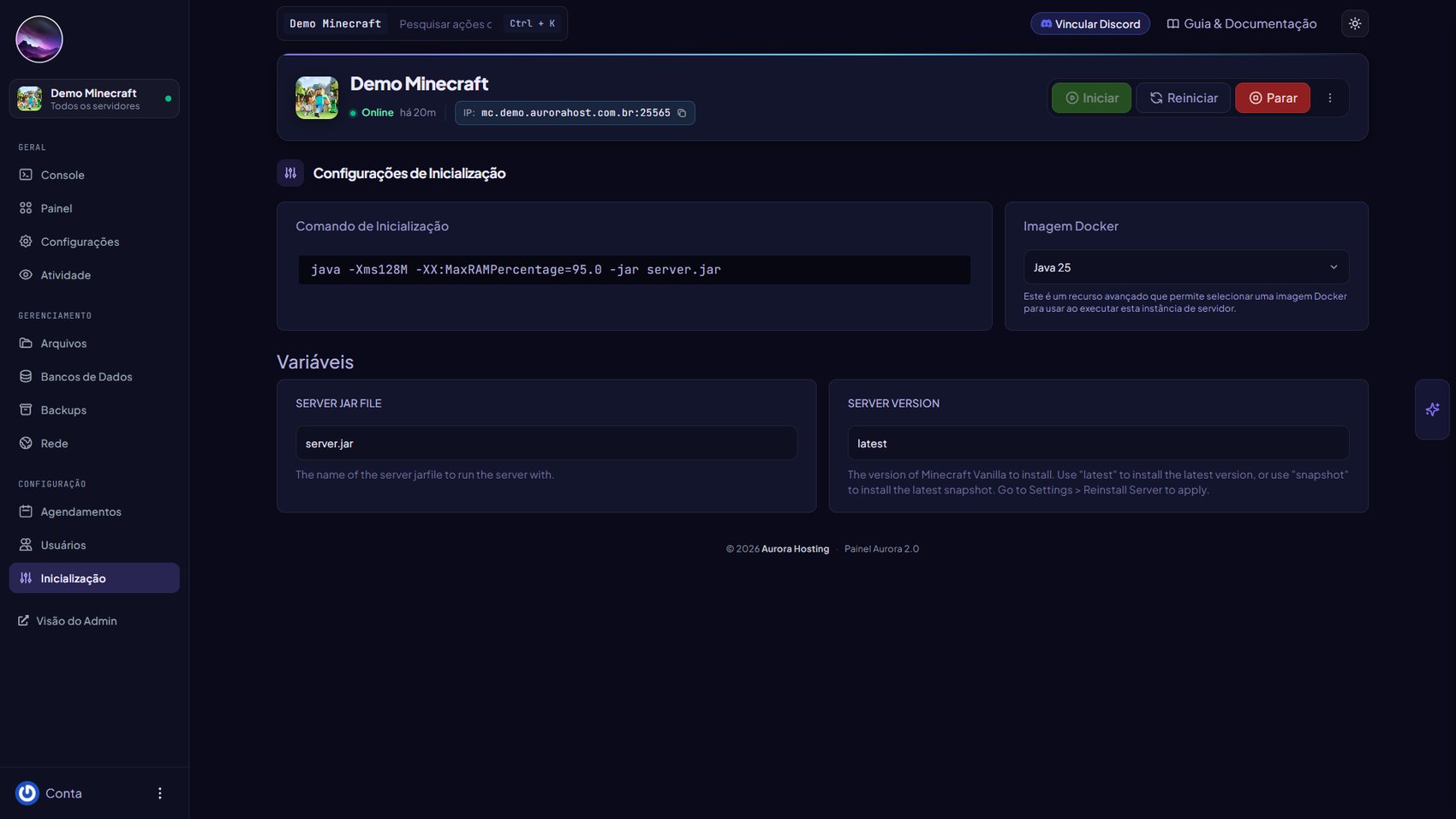 Página de inicialização com comando, imagem Docker e variáveis
