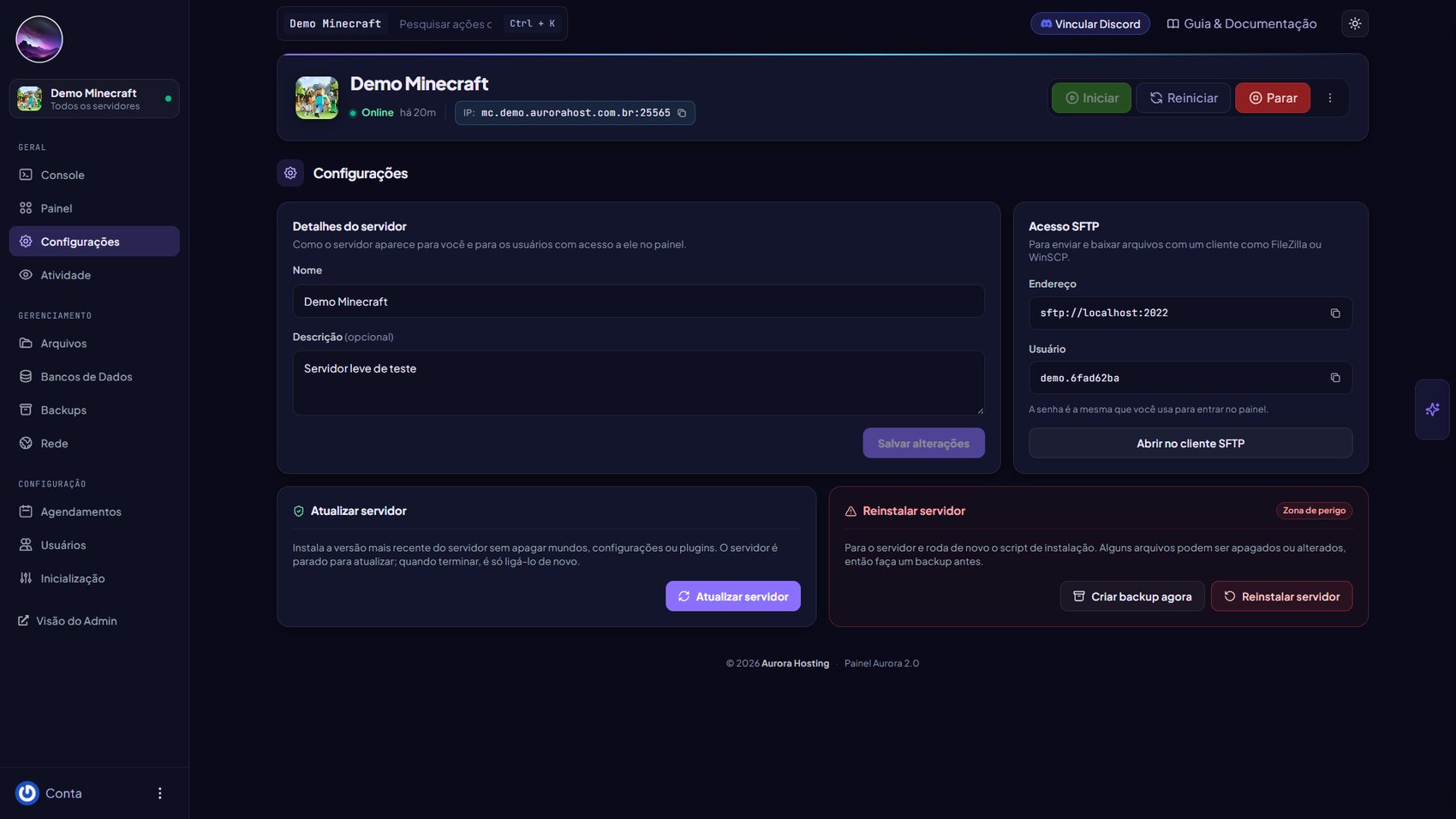 Página de configurações com detalhes, SFTP, atualizar e reinstalar