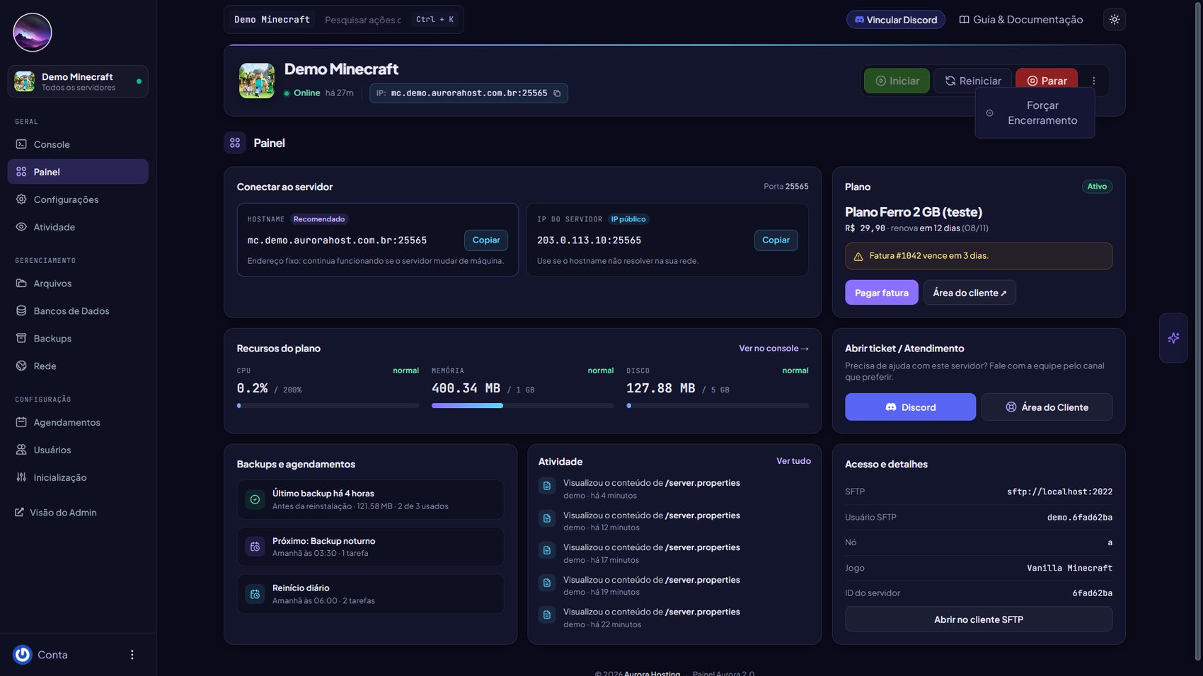 Menu de energia com a opção Forçar Encerramento