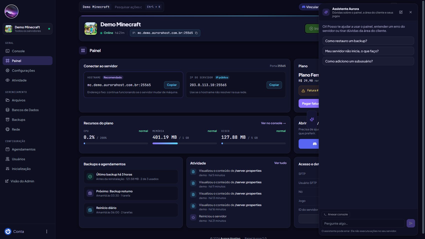 Painel do Assistente Aurora com sugestões de perguntas