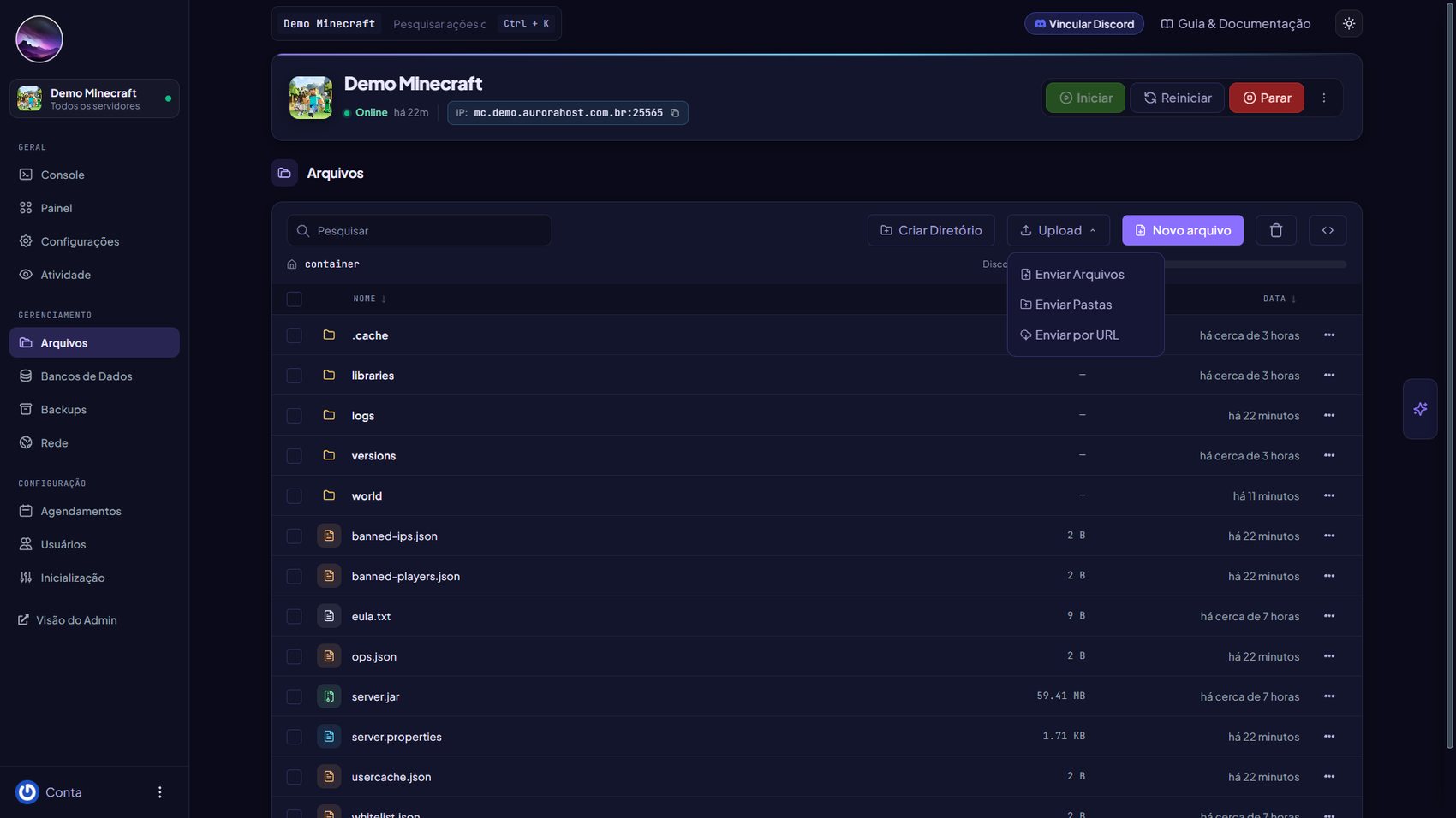 Menu Upload com Enviar Arquivos, Enviar Pastas e Enviar por URL