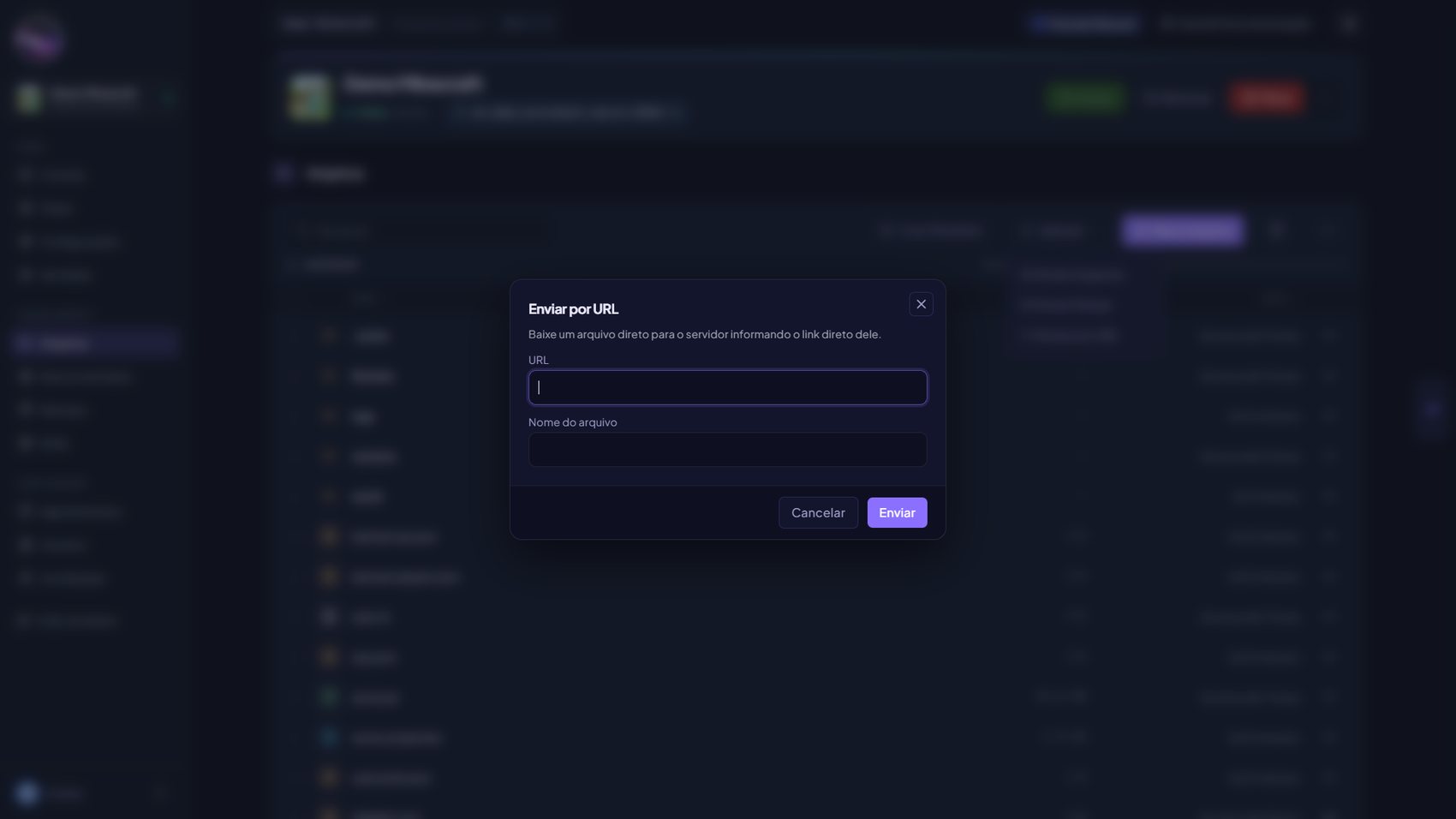 Modal Enviar por URL com os campos URL e Nome do arquivo