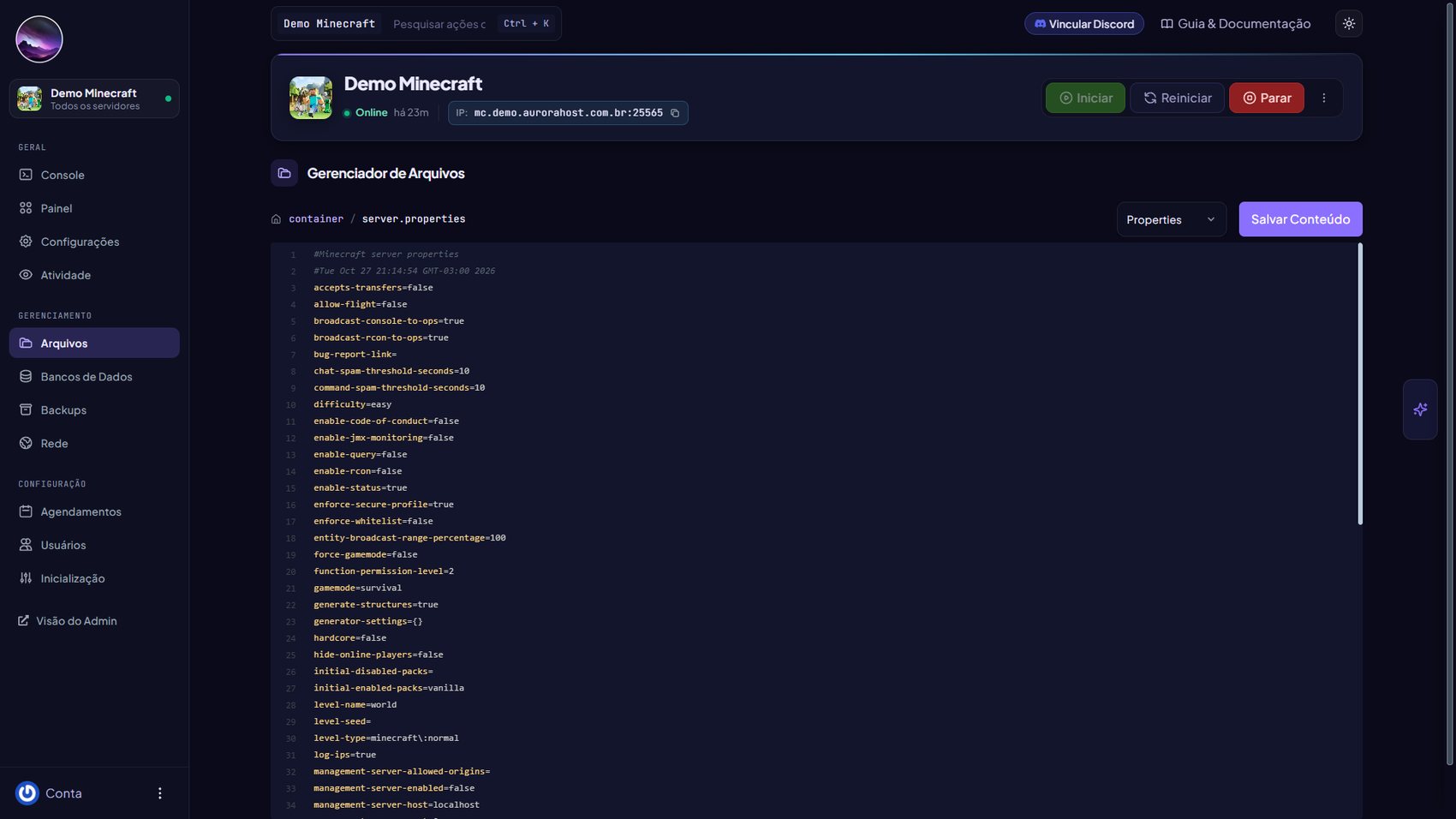 Editor de arquivos com seletor de linguagem e botão Salvar Conteúdo
