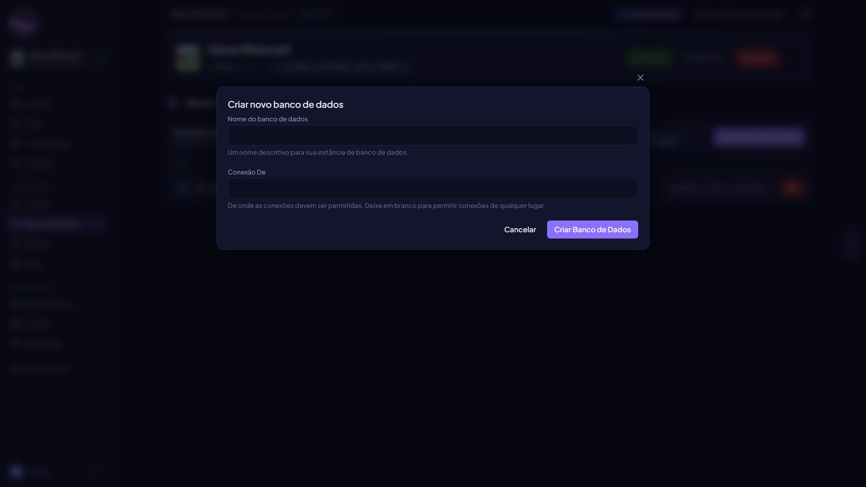 Modal Criar novo banco de dados