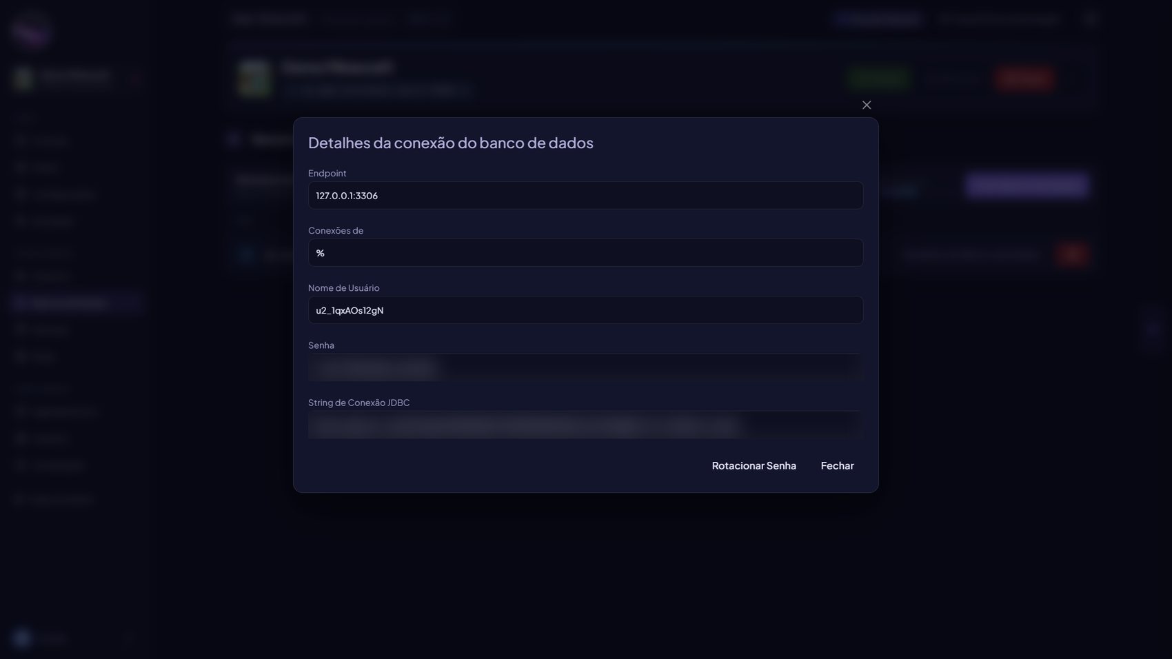 Modal com endpoint, usuário, senha e string JDBC