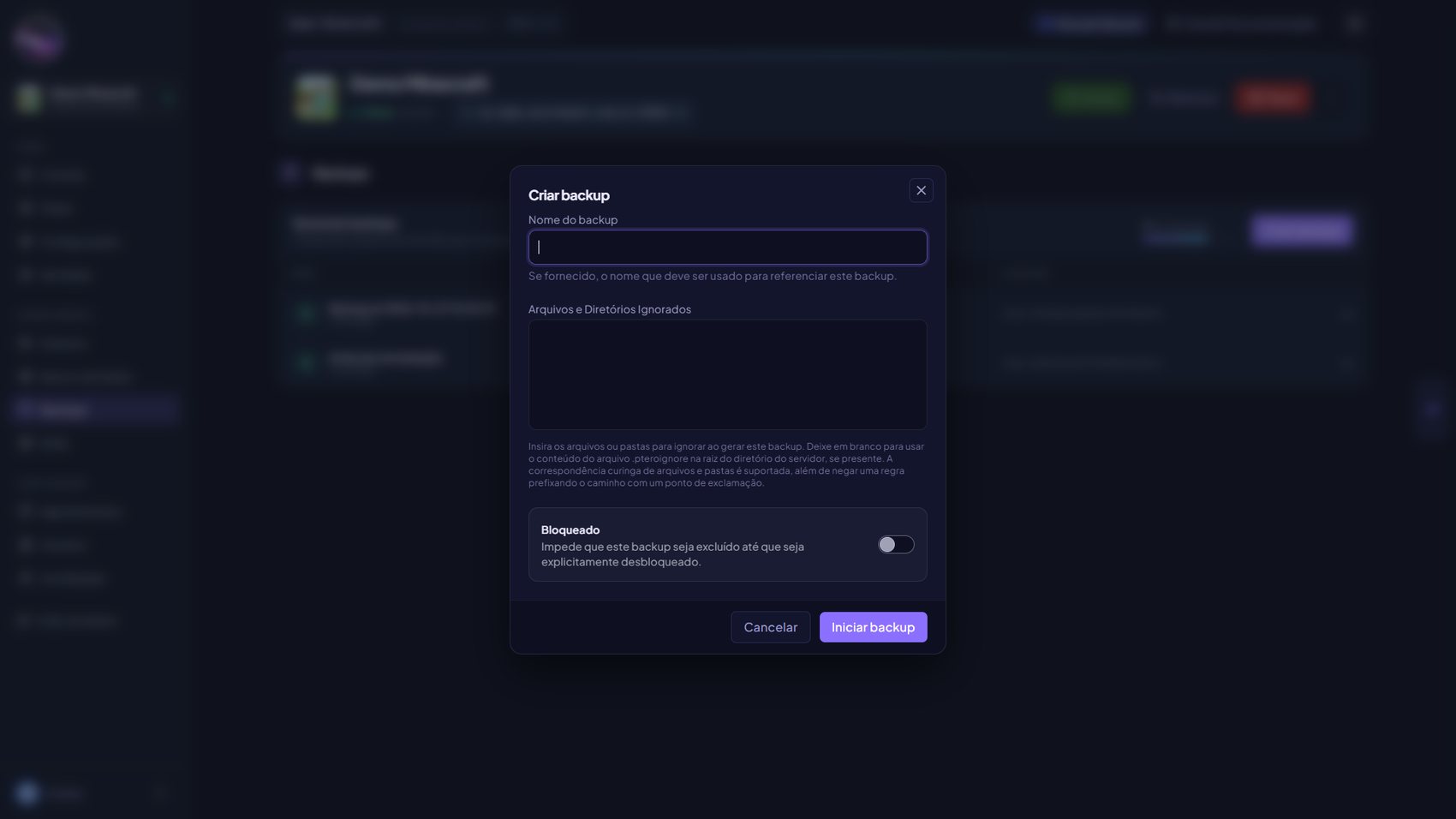 Modal Criar backup