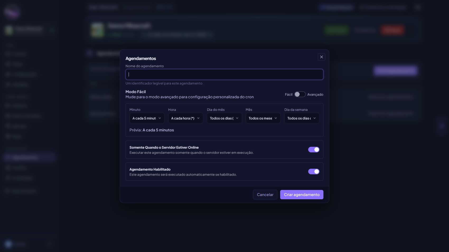 Modal Criar agendamento com modo fácil e opções