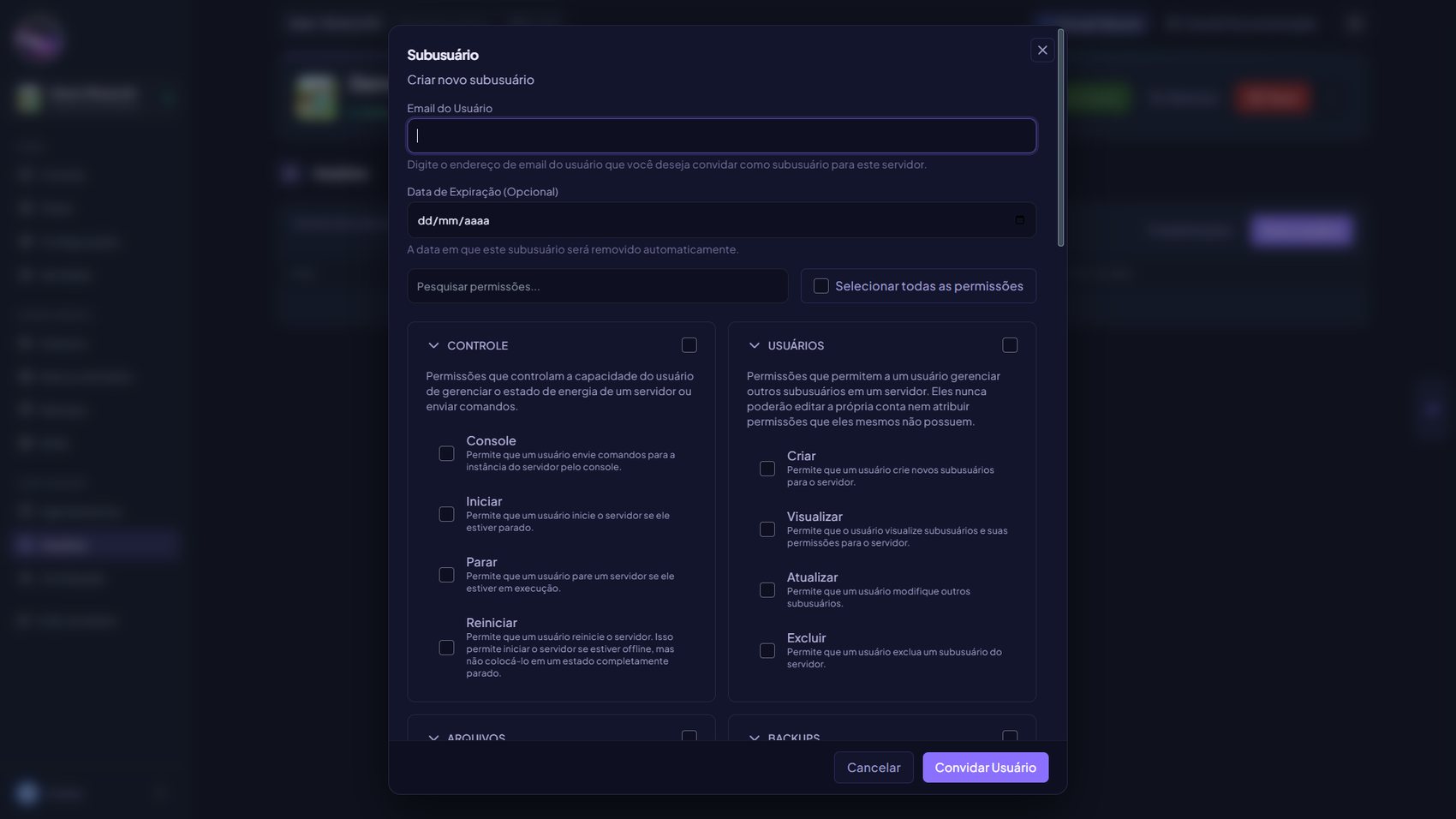 Modal Subusuário com e-mail, expiração e permissões por grupo