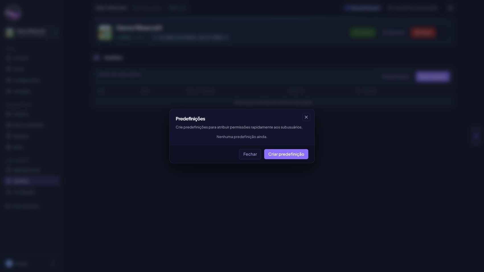 Modal Predefinições sem nenhuma predefinição