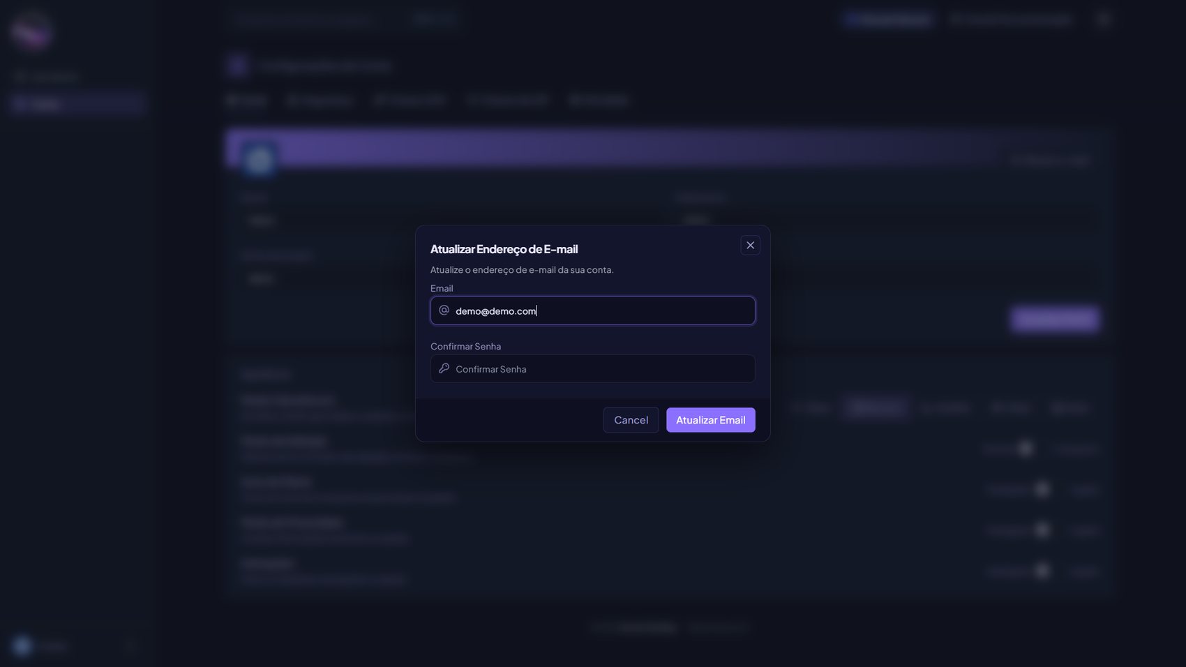 Modal Atualizar Endereço de E-mail