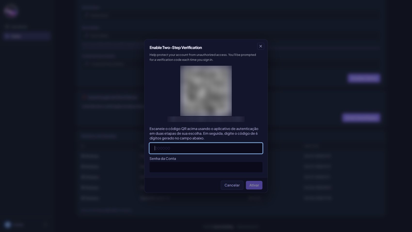 Modal de ativação do 2FA com QR code e campos de código e senha