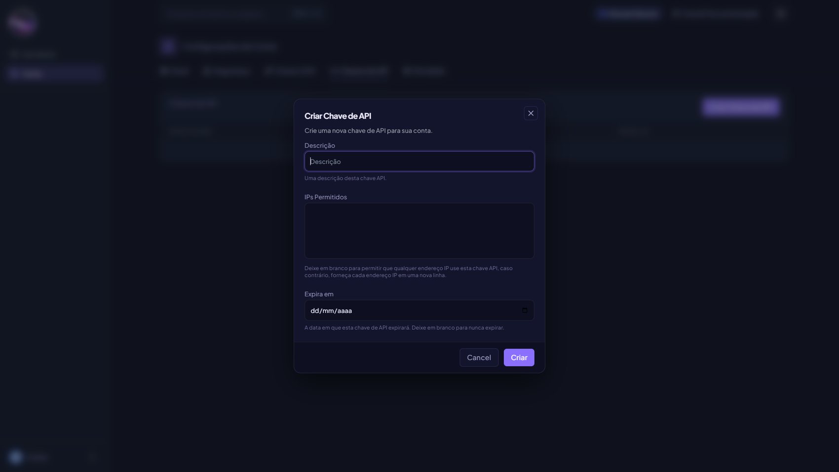 Modal Criar Chave de API