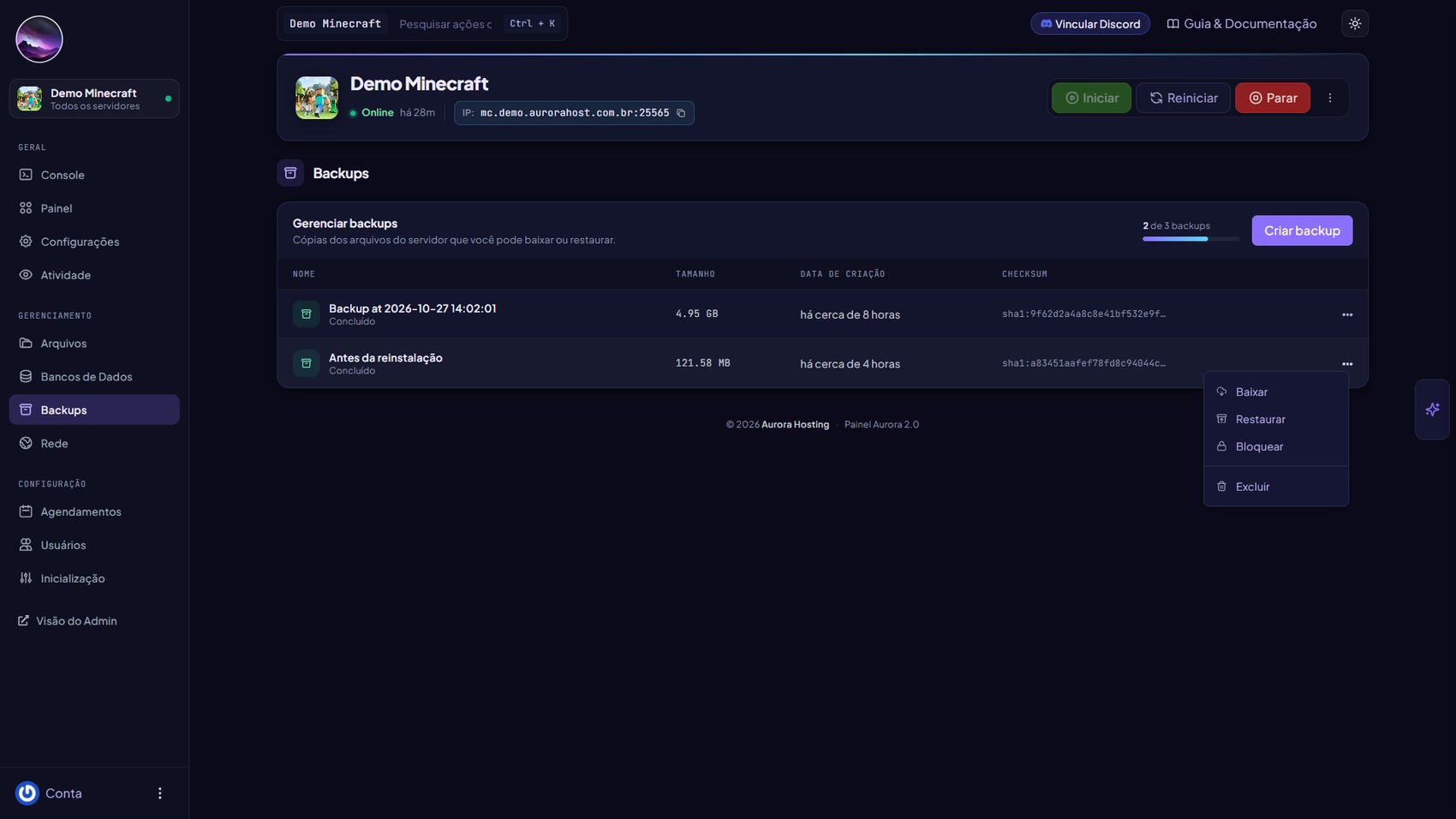 Menu do backup com Baixar, Restaurar, Bloquear e Excluir